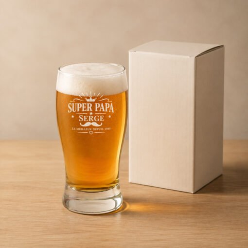 Verre à bière sans anse, modèle « Super Papa », vue 1 — exemple de personnalisation.