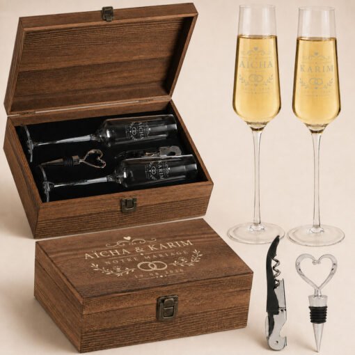 Coffret Champagne Duo, modèle « Notre mariage », vue 4 — exemple de personnalisation.