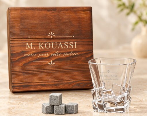 Coffret Solo avec verre Iceberg, modèle « Merci pour votre soutien », vue 4 — exemple de personnalisation.