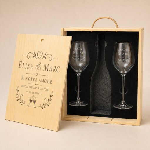 Coffret Vin Duo, modèle « Couple élégant », vue 5 — exemple de personnalisation.