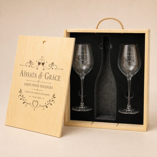 Coffret Vin Duo, modèle « Amitié et partage », vue 5 — exemple de personnalisation.